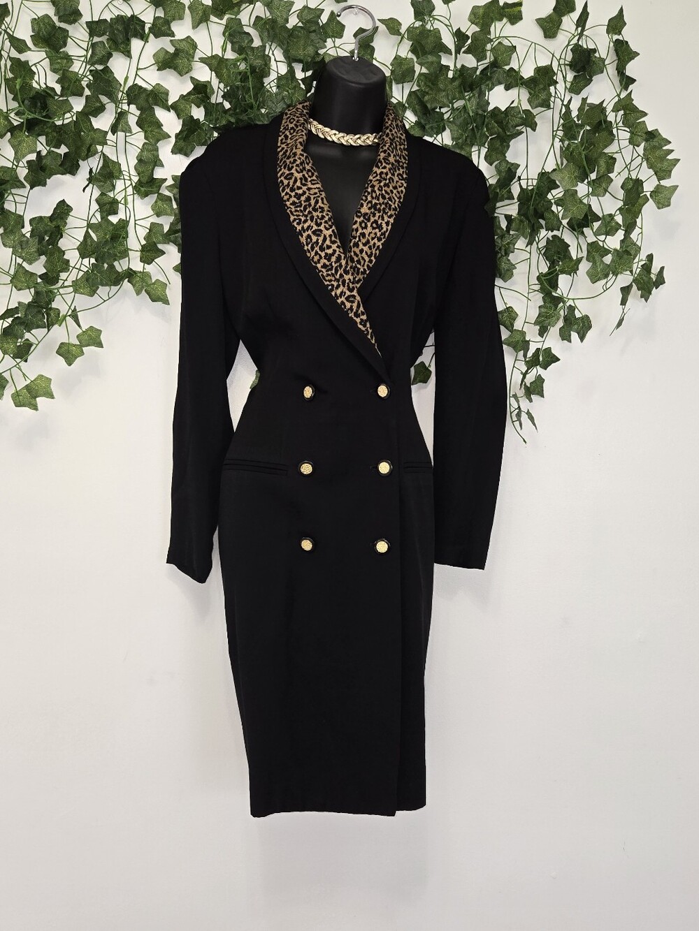 Danny & Nicole Black Double-Breasted Blazer Dress with Leopard Print Lapel